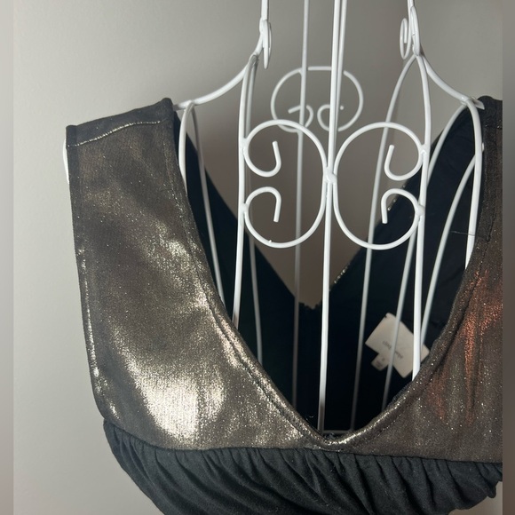 Cinq A Sept Black Ruched Bodycon Metallic Strap Plunge V Neck Cocktail Dress Sz0 - Picture 2 of 5